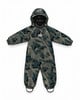 Grüner Winteroverall mit Kapuze und abstraktem Muster.