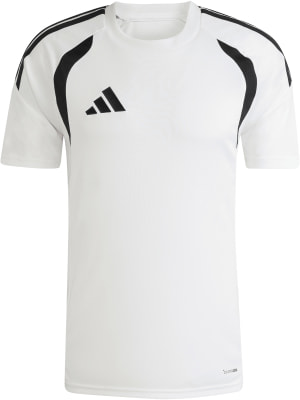 Weißes Adidas Fußballtrikot mit schwarzen Streifen an den Schultern und Logo. Weißes Adidas Fußballtrikot mit schwarzen Streifen an den Schultern und Logo.