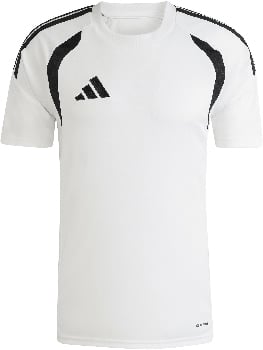 Weißes Adidas Fußballtrikot mit schwarzen Streifen an den Schultern und Logo.