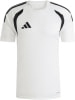 Weißes Adidas Fußballtrikot mit schwarzen Streifen an den Schultern und Logo.