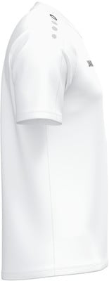 Weißes T-Shirt mit Logo auf der Schulter und Schriftzug auf der Brust. Weißes T-Shirt mit Logo auf der Schulter und Schriftzug auf der Brust.