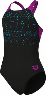 Schwarzer Badeanzug mit blauen Punkten und lila Trägern und Logo. Schwarzer Badeanzug mit blauen Punkten und lila Trägern und Logo.