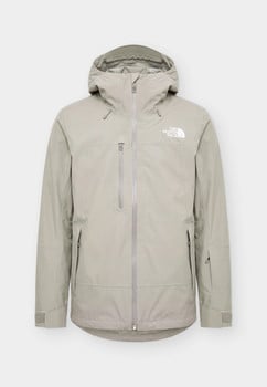 Šedá pánská bunda The North Face s bílým logem, kapucí a zipem.