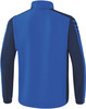 Rückansicht einer blauen Jacke mit dunkelblauen Streifen an den Ärmeln.