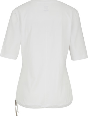 Rückansicht eines weißen Damen-T-Shirts mit kurzen Ärmeln und Kordelzug. Rückansicht eines weißen Damen-T-Shirts mit kurzen Ärmeln und Kordelzug.