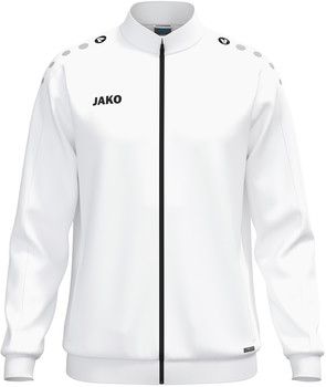 Weiße Herrenjacke von JAKO mit Reißverschluss und Logo auf der Brust.