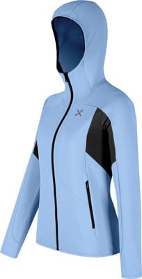Hellblaue Damenjacke mit Kapuze und schwarzen Details. Hellblaue Damenjacke mit Kapuze und schwarzen Details.
