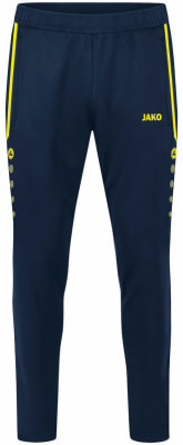 Dunkelblaue Sporthose mit gelben Details und JAKO-Logo.