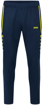 Dunkelblaue Sporthose mit gelben Details und JAKO-Logo.