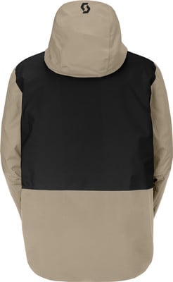Rückseite einer beige Skijacke mit schwarzem Einsatz und Scott-Logo. Rückseite einer beige Skijacke mit schwarzem Einsatz und Scott-Logo.