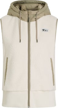 Béžová sherpa vesta s kapucňou a béžovými detailmi, zapínanie na zips.