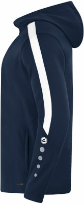 Dunkelblaue Kapuzenjacke mit weißem Streifen am Ärmel.
