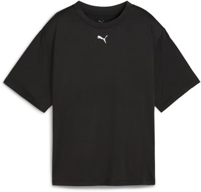 Schwarzes Puma-T-Shirt mit kurzen Ärmeln und weißem Logo auf der Brust.