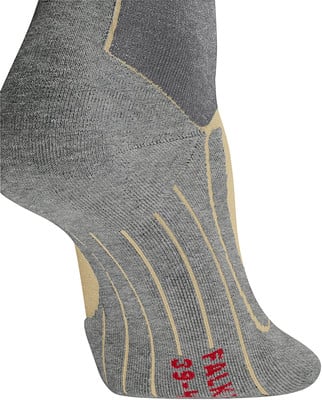 Graue Socke mit beige-goldenen Details und rotem Schriftzug. Graue Socke mit beige-goldenen Details und rotem Schriftzug.