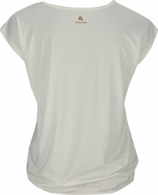 Ein weißes T-Shirt mit kurzen Ärmeln und einem Markenlogo auf dem Rücken. Ein weißes T-Shirt mit kurzen Ärmeln und einem Markenlogo auf dem Rücken.