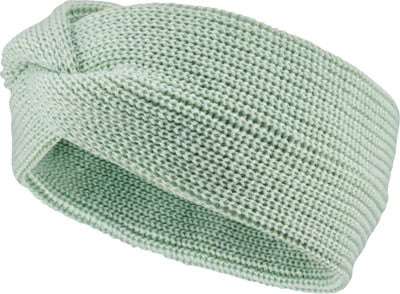 Hellgrünes Strickstirnband mit geflochtenem Detail oben.