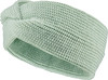 Hellgrünes Strickstirnband mit geflochtenem Detail oben.