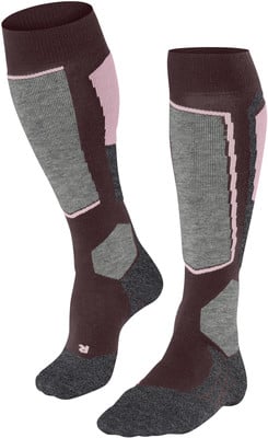 Zwei dunkelbraune Kniestrümpfe mit grauen und rosa Details. Zwei dunkelbraune Kniestrümpfe mit grauen und rosa Details.