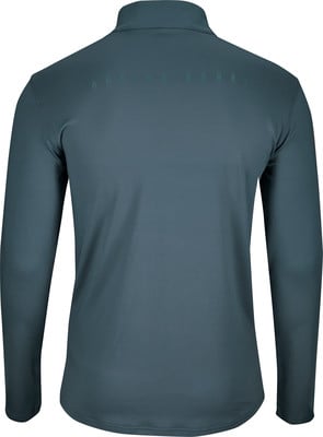 Rückseite eines dunkelblauen Langarmshirts mit Schriftzug auf dem Rücken. Rückseite eines dunkelblauen Langarmshirts mit Schriftzug auf dem Rücken.