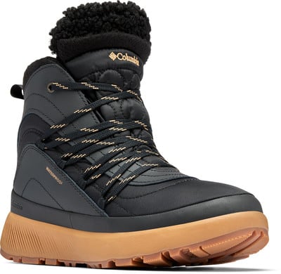 Schwarzer Damen-Winterstiefel von Columbia mit Pelz und brauner Sohle.