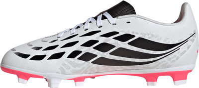 Weißer Fußballschuh mit schwarzen und rosa Details und Schnürung. Weißer Fußballschuh mit schwarzen und rosa Details und Schnürung.