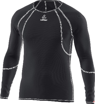 Schwarzes Langarmshirt mit weißen Nähten, Löffler-Logo auf der Brust.