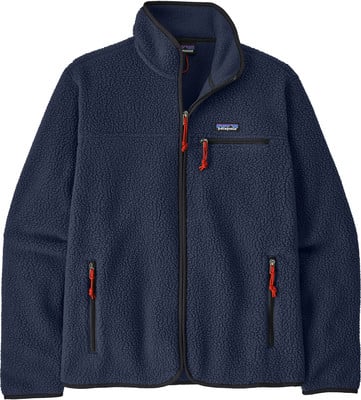 Marineblaue Patagonia Fleecejacke mit roten Details und Logo.