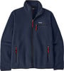 Marineblaue Patagonia Fleecejacke mit roten Details und Logo.