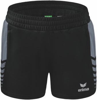 Schwarze Shorts mit grauen Streifen und Erima-Logo, mit Gummizug.