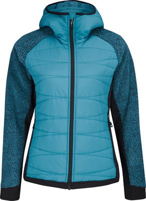 Blaue Steppjacke mit Kapuze und strukturierten Ärmeln. Blaue Steppjacke mit Kapuze und strukturierten Ärmeln.