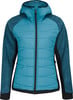 Blaue Steppjacke mit Kapuze und strukturierten Ärmeln.