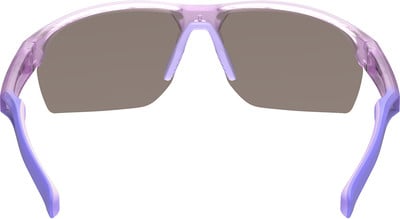 Eine violette Sportbrille mit braunen Gläsern und transparentem Rahmen. Eine violette Sportbrille mit braunen Gläsern und transparentem Rahmen.