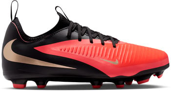 Schwarzer Nike Fußballschuh mit roten Akzenten und goldenem Logo.