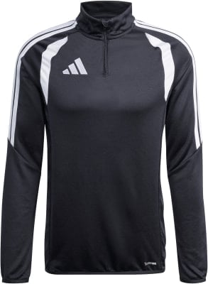 Schwarzes Adidas Sweatshirt mit weißen Streifen und Logo, Reißverschluss am Kragen.