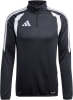 Schwarzes Adidas Sweatshirt mit weißen Streifen und Logo, Reißverschluss am Kragen.