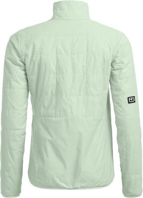 Rückansicht einer hellgrünen Steppjacke mit Logo am Ärmel. Rückansicht einer hellgrünen Steppjacke mit Logo am Ärmel.