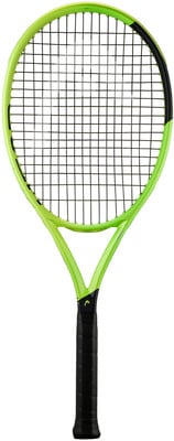 Grüner Tennisschläger mit schwarzem Griffband und weißem Logo. Grüner Tennisschläger mit schwarzem Griffband und weißem Logo.