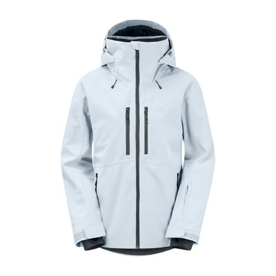Hellblaue Herren-Skijacke mit Kapuze und dunklen Reißverschlüssen. Hellblaue Herren-Skijacke mit Kapuze und dunklen Reißverschlüssen.