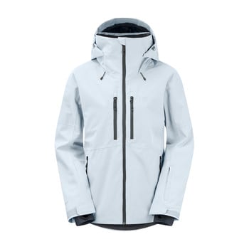 Hellblaue Herren-Skijacke mit Kapuze und dunklen Reißverschlüssen.