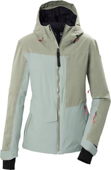 Damen-Skijacke in Pastellfarben mit Kapuze und Reißverschluss.