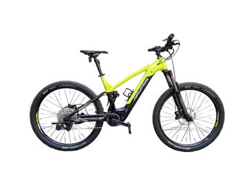 Ein grünes E-Mountainbike mit Federung vorne und hinten.
