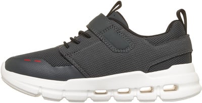 Dunkelgrauer Kinderschuh mit weißer Sohle und Klettverschluss. Dunkelgrauer Kinderschuh mit weißer Sohle und Klettverschluss.