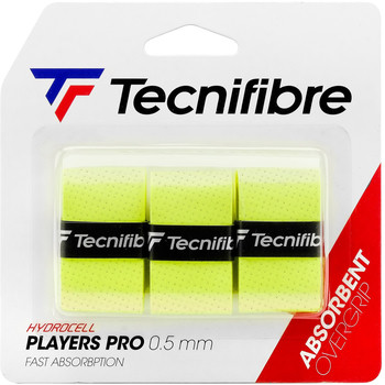 Verpackung von drei gelben Tennisschlägergriffen der Marke Tecnifibre.