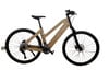 Ein Holz-E-Bike mit modernem Design und schwarzen Rädern.