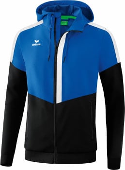 Blaue Herrenjacke mit Kapuze und weißem und schwarzem Streifen.