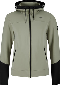 Damen-hellgrüne Jacke mit schwarzer Kapuze und schwarzen Details.