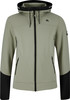 Damen-hellgrüne Jacke mit schwarzer Kapuze und schwarzen Details.