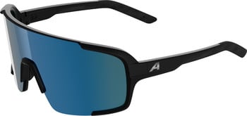 Schwarze Sportbrille mit blauen verspiegelten Gläsern und A-Logo.