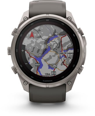 Eine Garmin Smartwatch mit GPS-Karte des Luganersees und Umgebung.