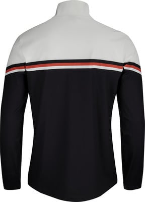 Rückseite einer schwarzen Jacke mit weißem Kragen und rotem Streifen. Rückseite einer schwarzen Jacke mit weißem Kragen und rotem Streifen.